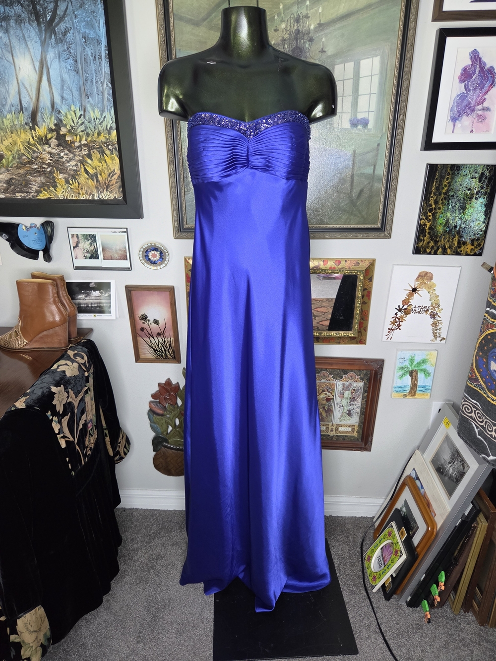 Y2K Xscape Strapless Sequin Sapphire Blue Satin Beaded Evening Prom Gown Size 10